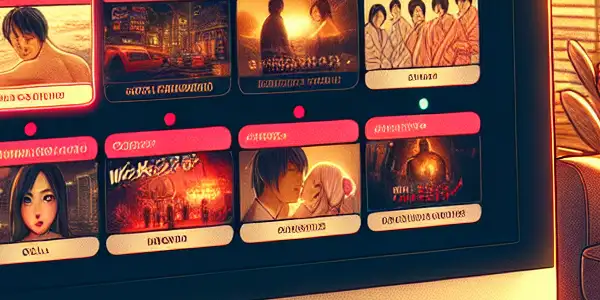 A cozy home setting featuring a computer screen displaying vibrant thumbnails of Japanese adult films on "Wukong Cinemas."