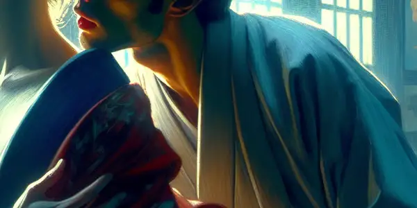 A dramatic moment between two characters in a dimly lit room, showcasing intense emotions and desire.