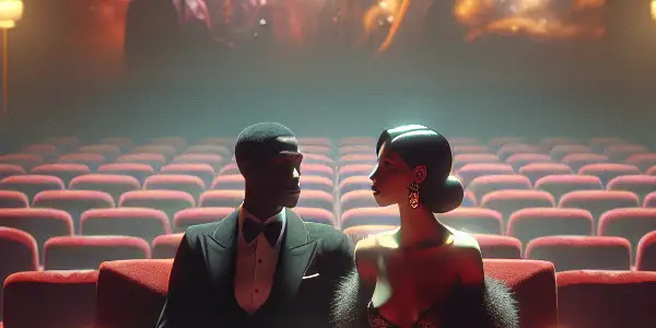 A stylish cinema interior with plush seats, a glowing screen, and a couple discussing erotic films.