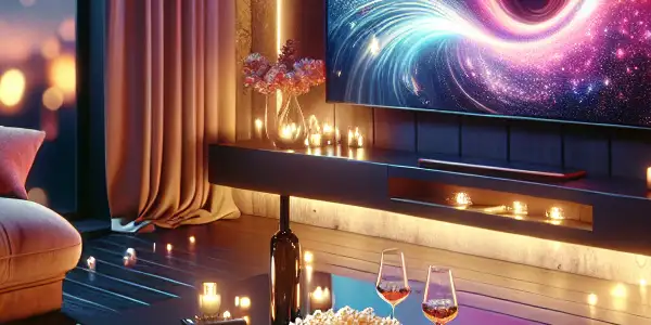 A cozy, dimly lit room with a plush sofa, modern TV, popcorn, wine glasses, and starry night view.