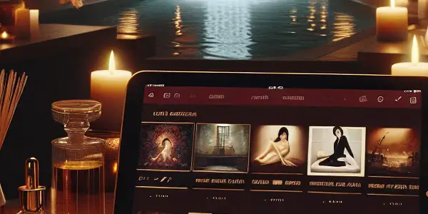A luxurious spa setting featuring a digital device displaying adult film thumbnails, surrounded by relaxing elements and soft lighting.