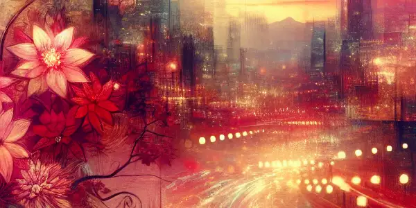 An abstract depiction of passion in Japanese AV cinema, featuring film reels, floral designs, and a neon-lit cityscape.