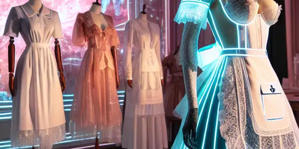 A stylish room featuring a model in a futuristic nurse outfit, surrounded by modern and classic AV fashion.