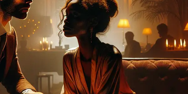 A couple in a dimly lit room, surrounded by luxury, sharing an intense moment of connection and temptation.