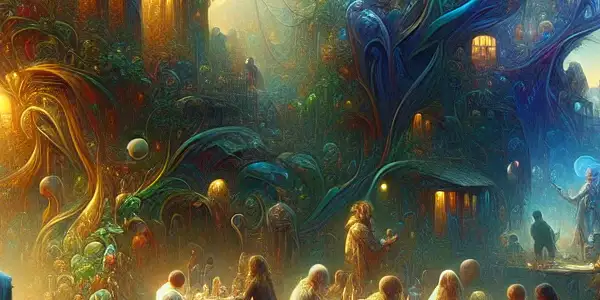 A magical gathering in Macondo, showcasing complex emotions, intertwined vines, and shadowy figures amidst vibrant foliage.