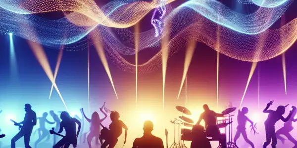 A vibrant rock concert scene featuring a charismatic lead singer, diverse musicians, and hints of adult-themed allure.