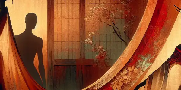 A dimly lit room with two figures in an intimate dance, surrounded by delicate flowers and luxurious silk.