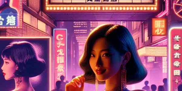 A stylish female figure in a nostalgic Japanese cinema setting, surrounded by neon lights and film elements.