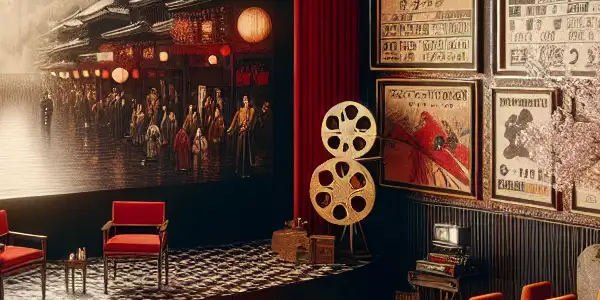 A retro cinema hall featuring plush red seats, a blurred adult film scene, and vintage decor elements.