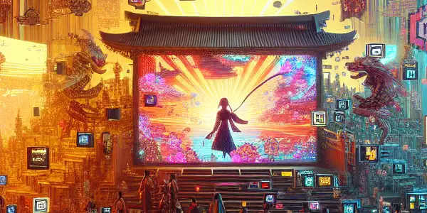 A vibrant digital landscape blending traditional Japanese motifs with modern media elements, showcasing diverse characters engaged in adult film narratives.