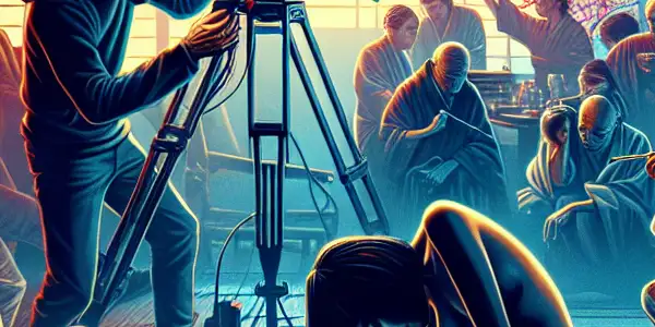 A film set blending eroticism and narrative depth, featuring diverse actors, ambient lighting, and Japanese cultural elements.