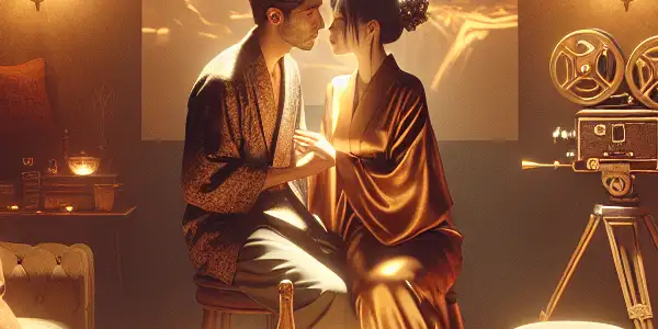 A cozy, intimate room featuring a couple in a passionate embrace, surrounded by romantic cinematic elements.